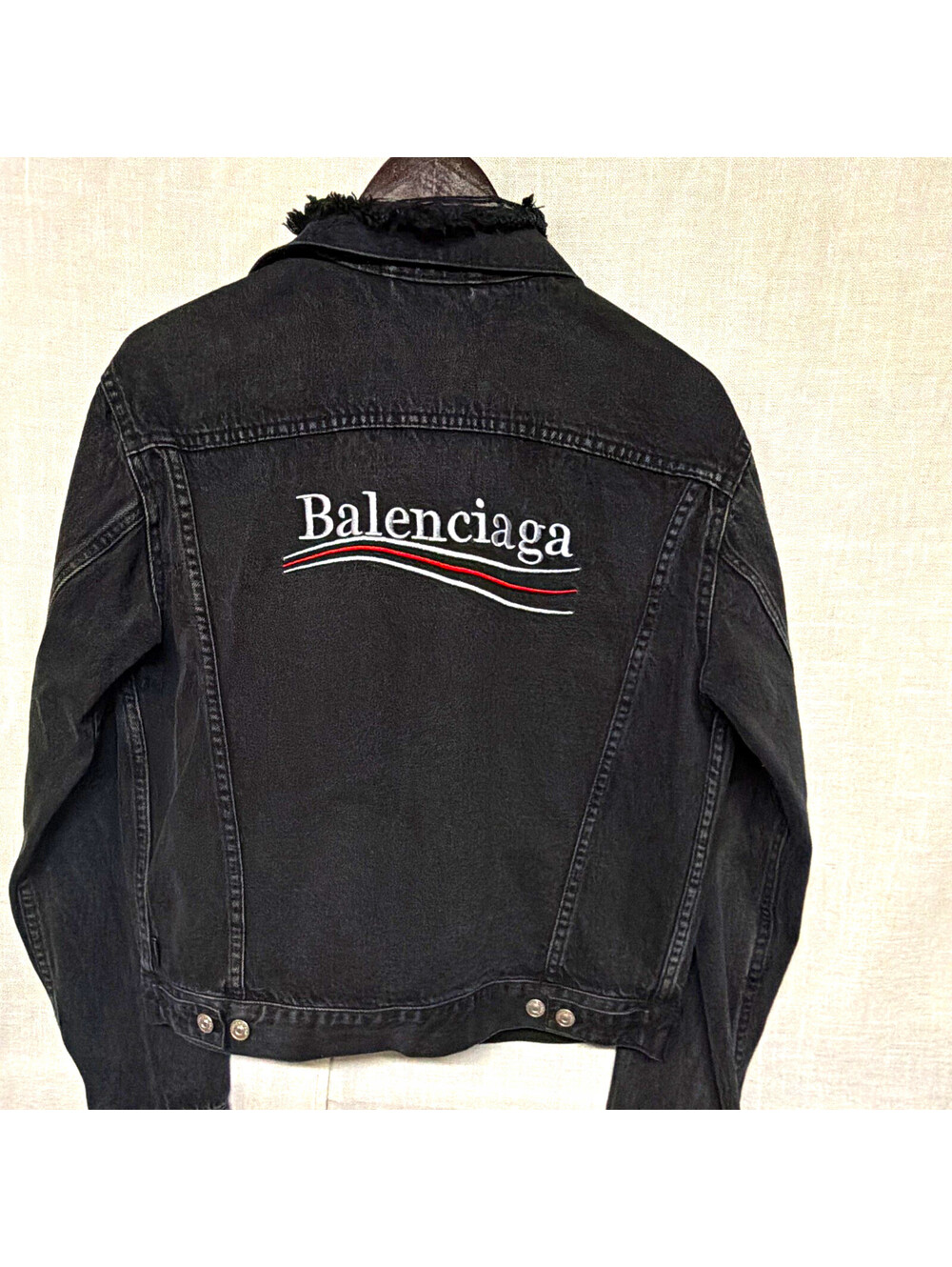 Balenciaga Black Denim Embroidered Logo Jacket Size 44